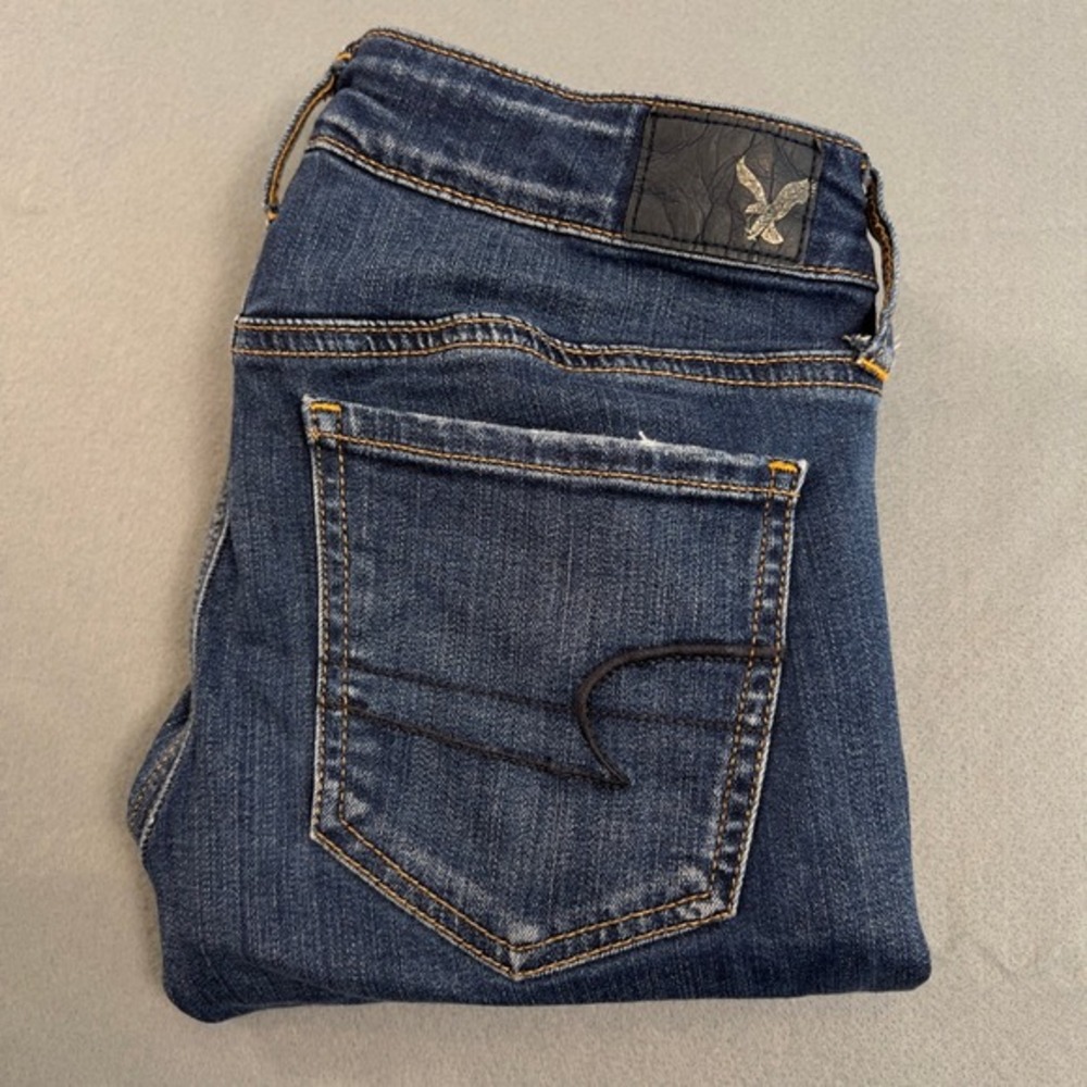 American Eagle Jeggings Size 2 Super Stretch Ripped Hem Dark‎ Wash Denim Jeans